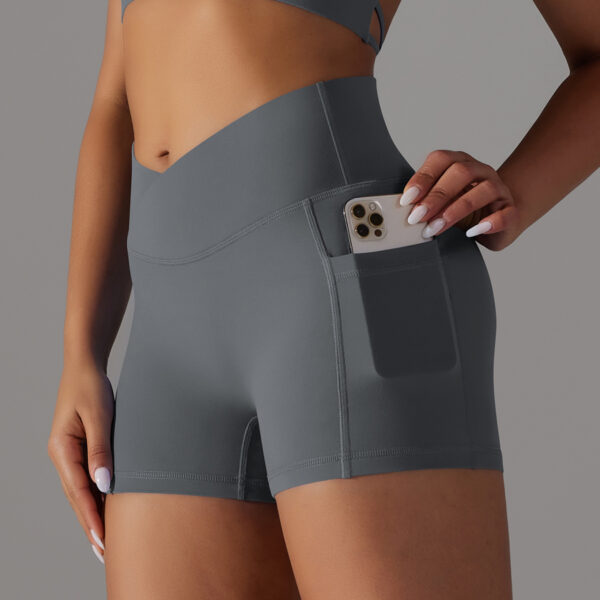 Double Sided Nylon Brushed Cross V Waist Pocket Fitness Yoga Shorts Running Sports Three Point Pants for Women - Image 3