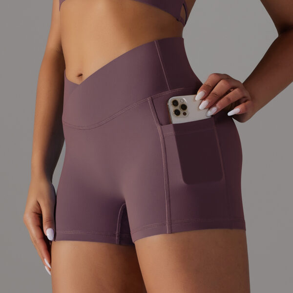 Double Sided Nylon Brushed Cross V Waist Pocket Fitness Yoga Shorts Running Sports Three Point Pants for Women - Image 7