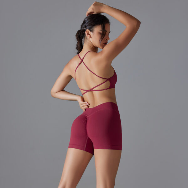 Seamless solid color crossover back high elastic tight sports underwear yoga clothing suit running fitness two-piece set - Image 5
