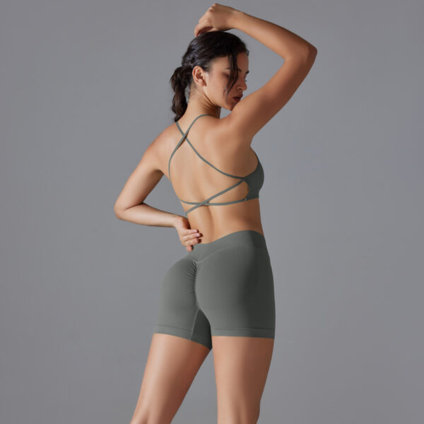 Seamless solid color crossover back high elastic tight sports underwear yoga clothing suit running fitness two-piece set - Image 4