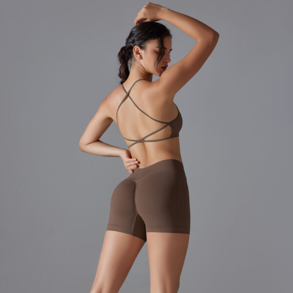 Seamless solid color crossover back high elastic tight sports underwear yoga clothing suit running fitness two-piece set - Image 2
