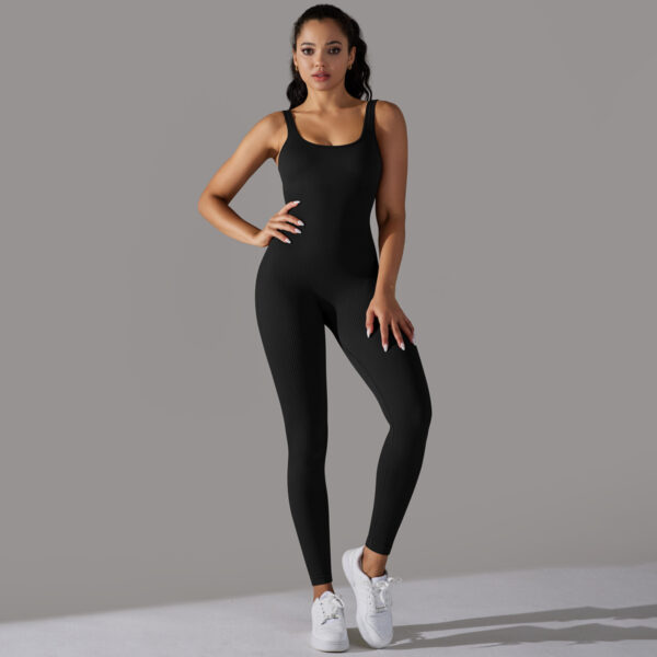 Sewn Knit Thread Solid Color Skinny Flat Neck Bodysuit Exercise Running Fitness Yoga Clothing One Piece Suit - Image 8