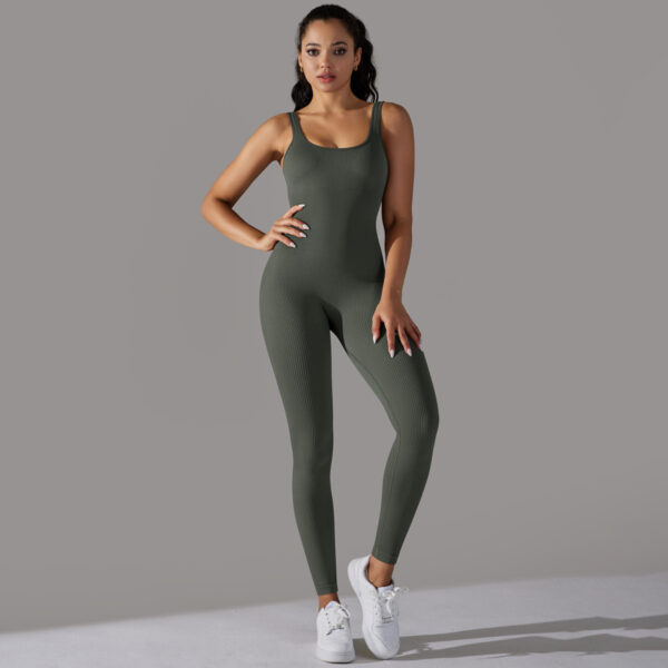Sewn Knit Thread Solid Color Skinny Flat Neck Bodysuit Exercise Running Fitness Yoga Clothing One Piece Suit - Image 2