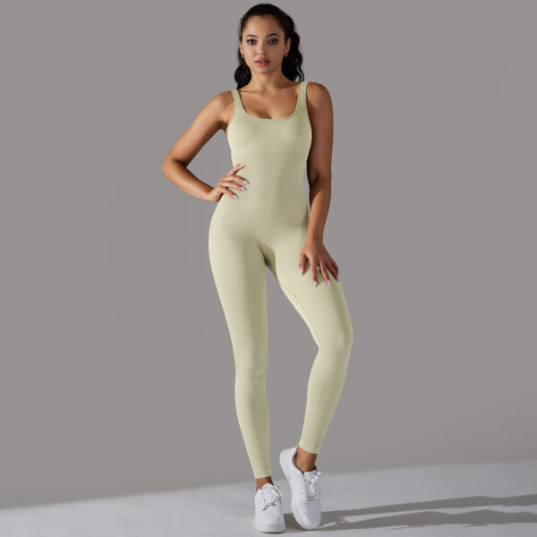 Sewn Knit Thread Solid Color Skinny Flat Neck Bodysuit Exercise Running Fitness Yoga Clothing One Piece Suit - Image 3
