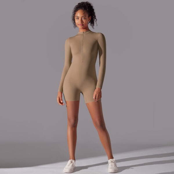 Zipper open neck tight high elastic jumpsuit sports fitness running three-quarter one-piece shorts yoga wear - Image 5