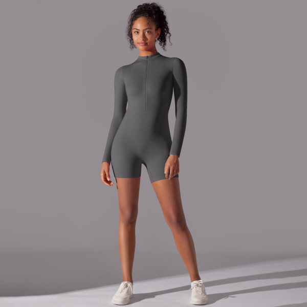 Zipper open neck tight high elastic jumpsuit sports fitness running three-quarter one-piece shorts yoga wear - Image 4